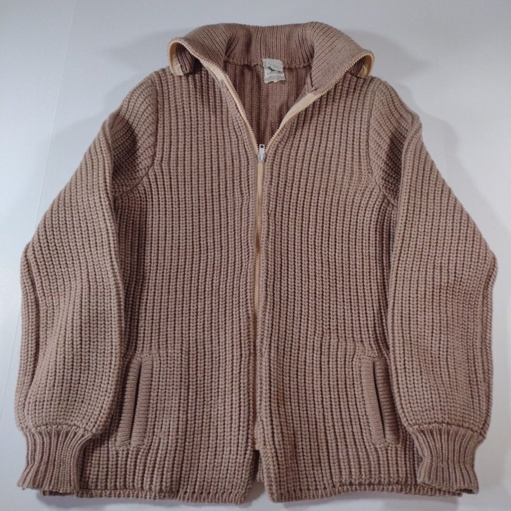 Vintage Lord & Taylor Mens Med Cardigan 100% Wool Zip Beige Tan Sweater Full Zip
